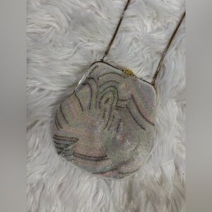 Vintage 1960s White pink Beaded pastel wedding mini bag purse crossbody antique